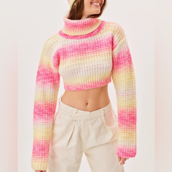 For Love and Lemons Rosa Turtleneck Crop Ombré Stripe Sweater in Pink - Picture 1 of 7